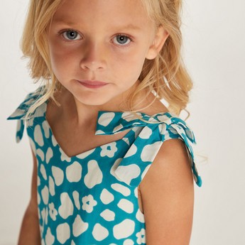 Juniors Printed Sleeveless Dress with V-neck and Tie-Up Detail