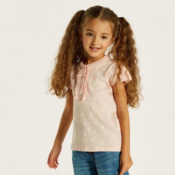 Juniors Polka Dot Print Polo T-shirt with Short Sleeves and Ruffle Detail