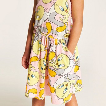 All Over Tweety Print Sleeveless Dress with Pockets