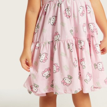 Hello Kitty Print Tiered A-line Dress with Round Neck and Short Sleeves