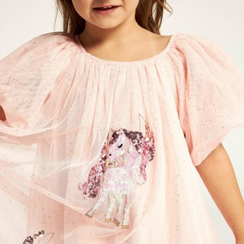 Juniors Unicorn Embellished Dress with Puff Sleeves