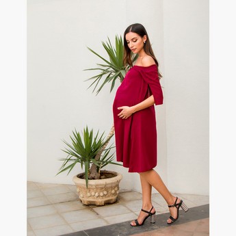 Blush Maternity Plain Off Shoulder Dress with Split Sleeves