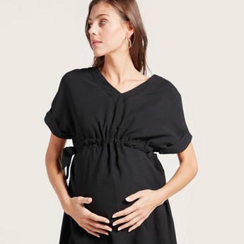 Love Mum Maternity Solid V-neck Wrap Dress with Short Sleeves