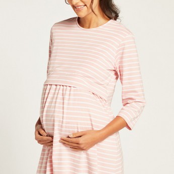 Love Mum Striped Round Neck Maternity Dress with Long Sleeves