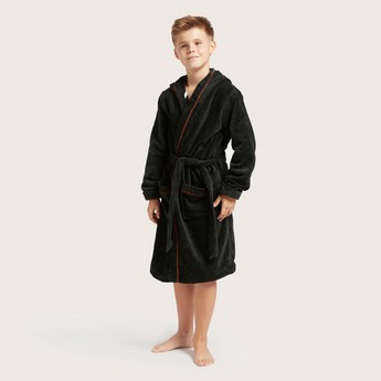 Juniors Embroidered Bathrobe with Long Sleeves and Piping Detail