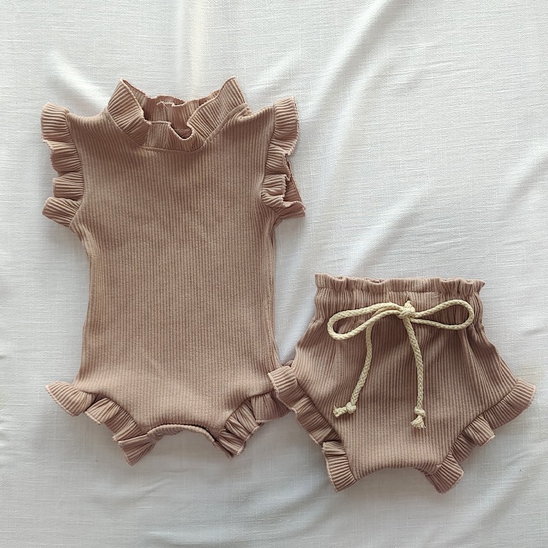 2pcs Infant Baby Girl Clothes Set Waffle Cotton Ruffle Newborn Sweater Romper Top Bloomer Pants Suit Outfits Summer Baby Clothes