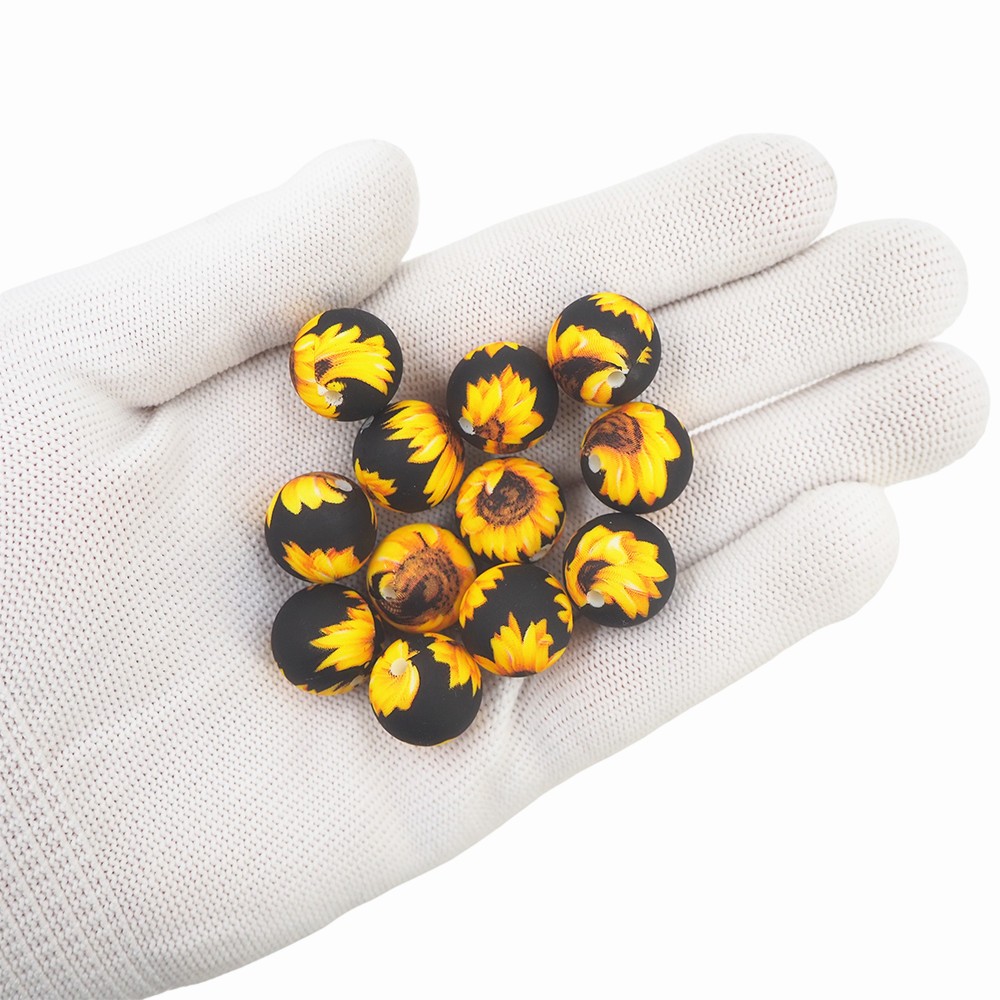 Chenkai 50pcs 15mm Sunflower Print Silicone Baby Beads Round Shape Teething Beads BPA Free DIY Sensory Chew Toy Accessories