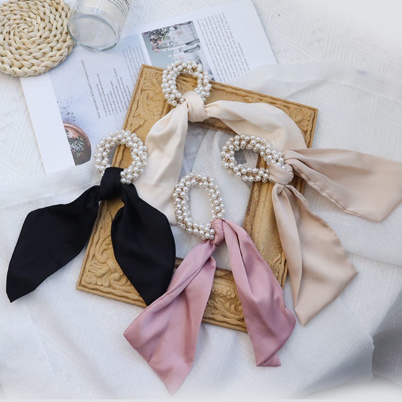 Fashion Women Pearl Hair Band Bandana Ropes Girl Bows Ponytail Scarf Ribbon Elastic Hair Accessories Scrunchie