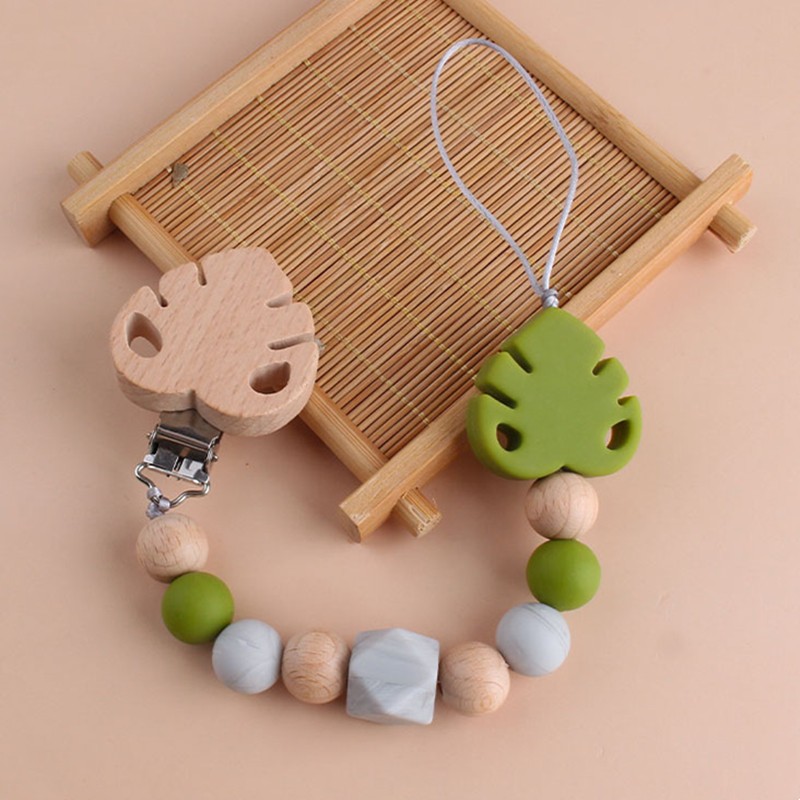 Baby Infant Toddler Doll Pacifier Silicone Monstera Leaves Soother Nipple Clip Chain Strap Holder Chew Teether Toy Teething