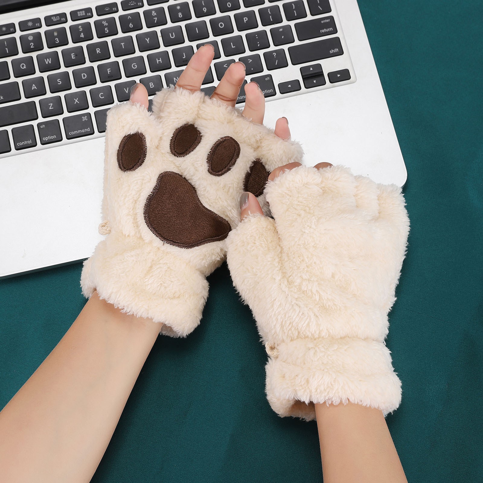 Cute Cat Paw Plush Fingerless Gloves Winter Warm Faux Fur Gloves Half Finger Gloves Lovely Bear Paw Gloves For Women Girls