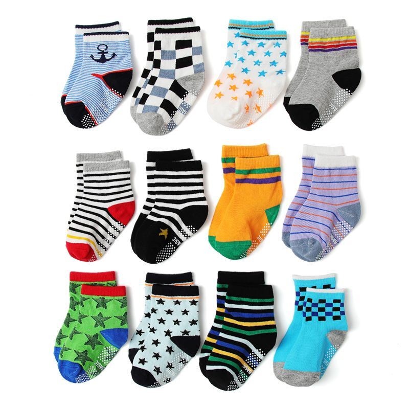 Baby Socks SkiBeaut 12 Pairs Non-Slip Skid Socks for Kids Boys Grips Cotton Crew Socks for 1-3/3-5 Years