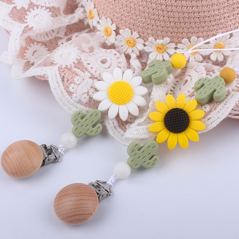 Baby Toddler Baby Doll Pacifier Silicone Cactus Sunflower Soother Nipple Clip Chain Strap Holder Chew Teether Toy Teething