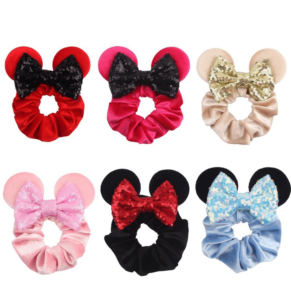 Little Girls Hair Band Kids Mickey Minnie Soft Hair Bow Children Sequin Velvet Ponytail Holders Baby No Damage Rubber Hair Tie