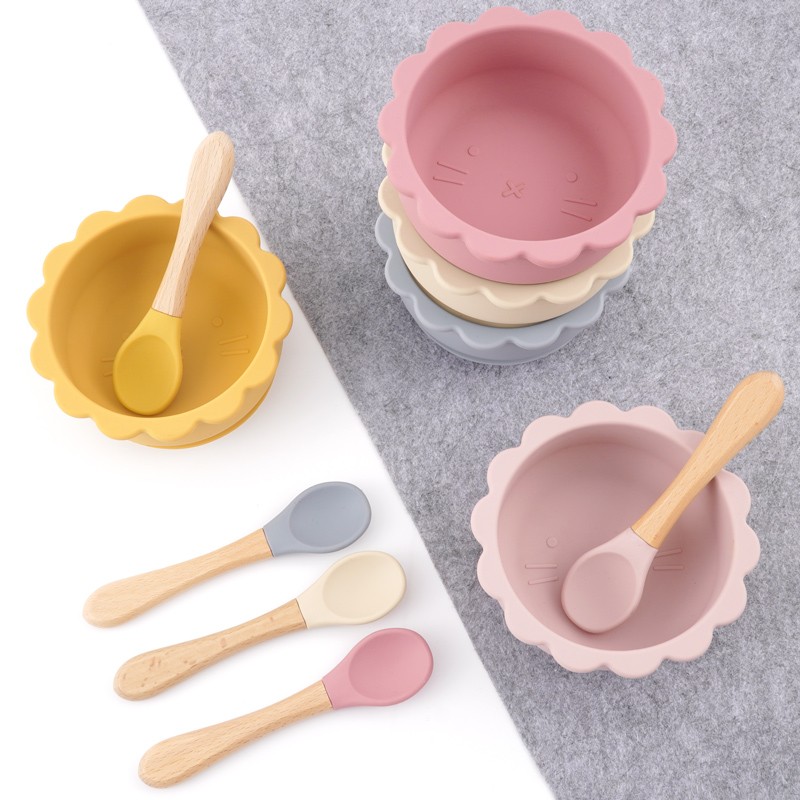 Cute silicone bowl children's complementary tableware food bowl BPA-free waterproof tableware plate wooden spoon silicone fork