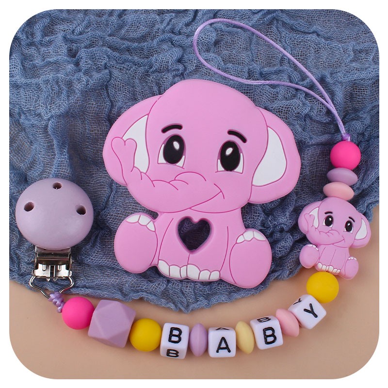 Customized Name Newborn Infant Baby Pacifier Clips Chain Elephant Silicone Beads Toy Teether Toy Doll Baby Holder Pacifier Chain