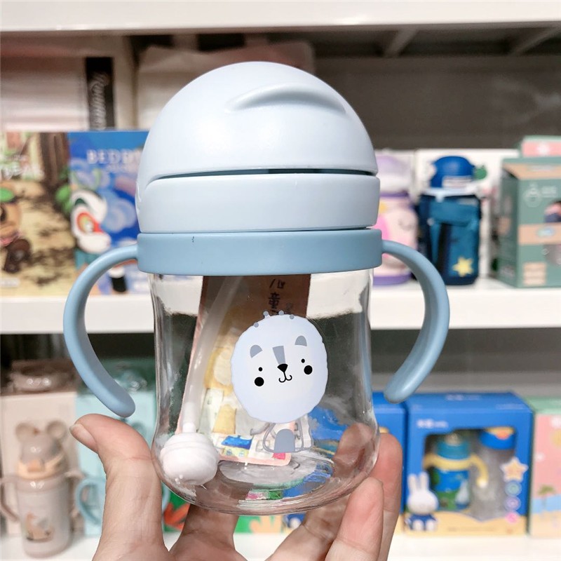 250ml Cartoon Style Outdoor Baby Drinking Bottle With Straw Baby Feeding Cup For Kids Training Portable Handle Water Bottle