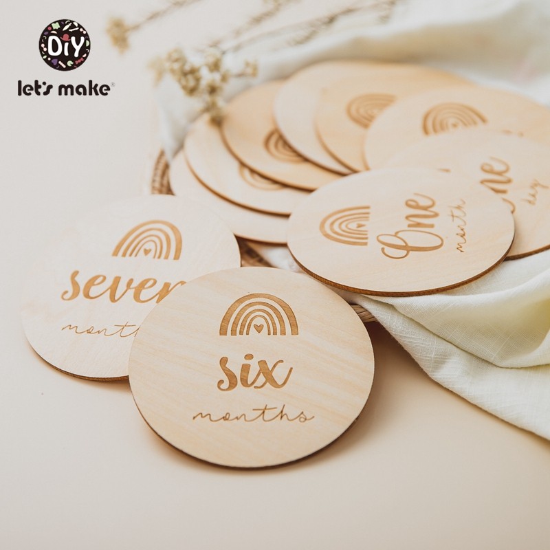 Let's Make 14pcs/set 1-12 Month Handmade Baby Milestone Card Vintage Photography Props Wooden Rainbow Age Cards Newborn Photo