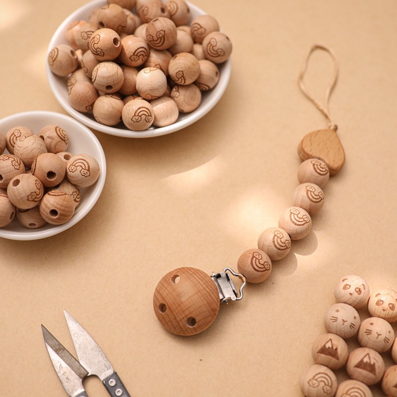 Let's Make 50pcs 16mm Cartoon Beech Wood Round Beads Necklace DIY Bracelet Safe Non-Toxic Eco Friendly Wooden Crafts Toys