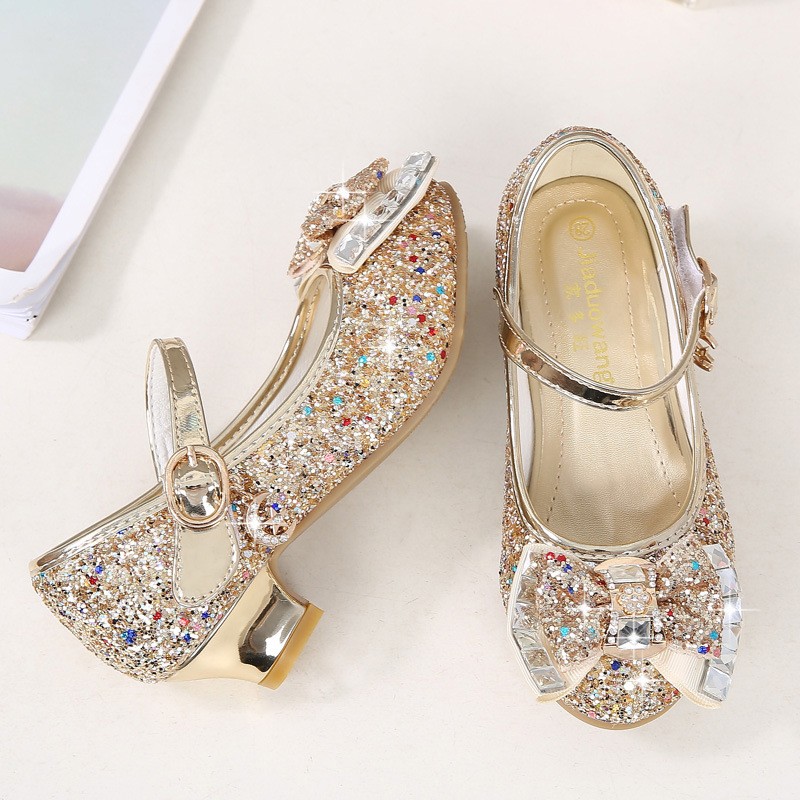 ULKNN-Children's leather shoes, casual high-heeled shoes with flowers and sequins, butterfly knot, blue, pink and silver, 2021