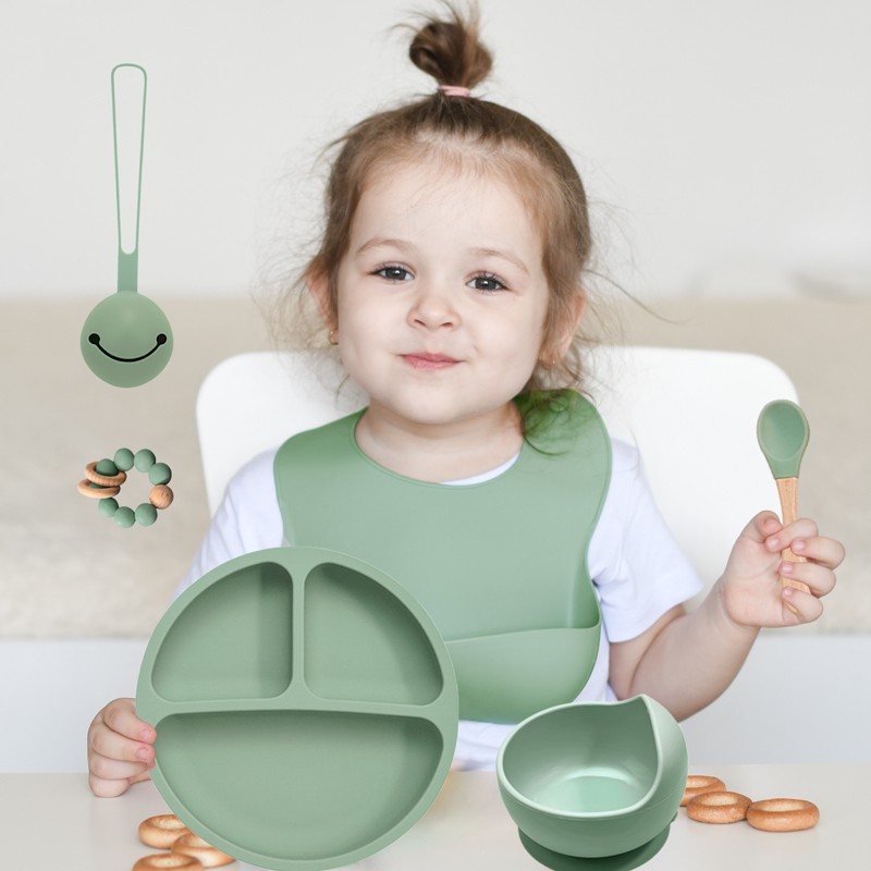 Baby Silicone Food Plate Bowl Spoon 6pcs Baby Utensil Set Auxiliary Food BPA Free Silicone Dishes for Baby Tableware