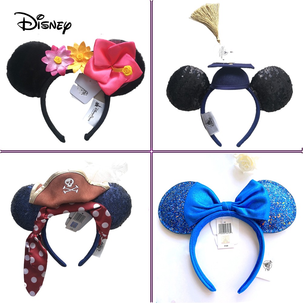 Original Disney Mickey Mouse Earphone Shanghai Disney Big Ears Bows Costume Headband Cosplay Plush Adult/Kids Headband Gift