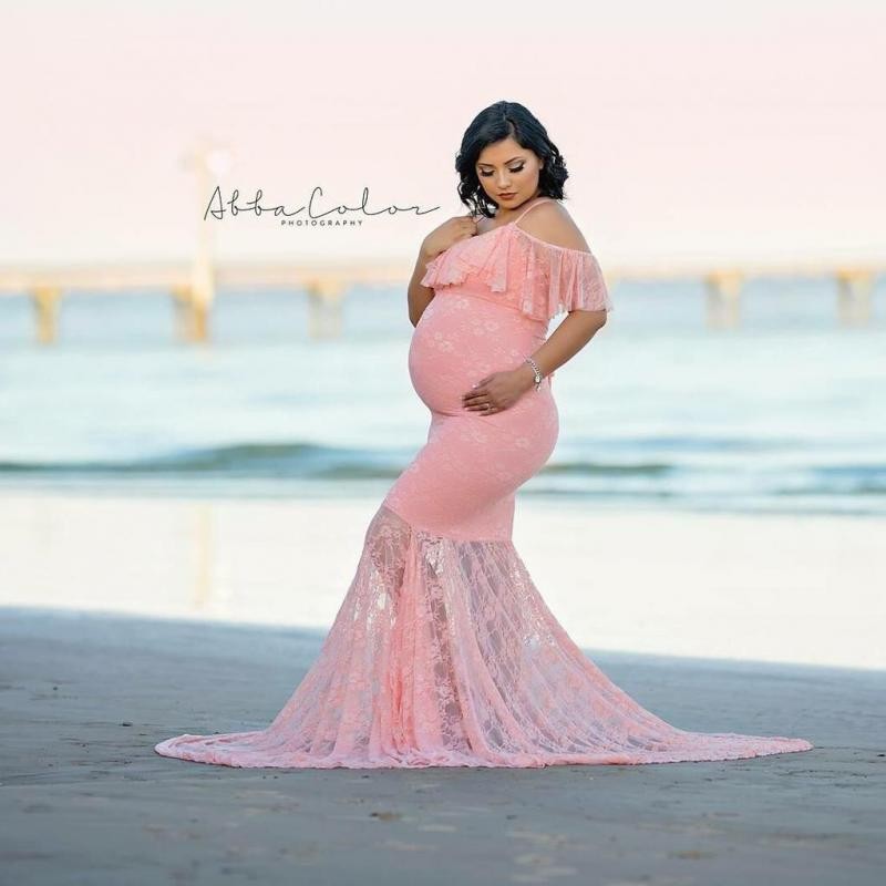 Elegant Maternity Dress Photography Maxi Maternity Dress Women Off Shoulder Spaghetti Strap Ruffles Mermaid Lace Gown Clothes