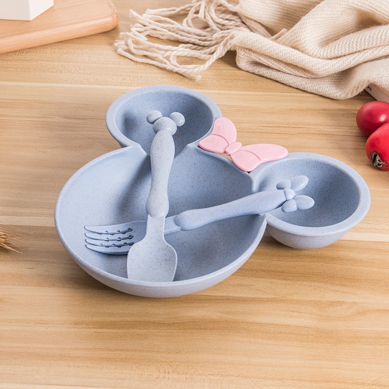 3pcs Wheat Straw Baby Cartoon Tableware Set Dishes Children Kids Dinner Platos Baby Feeding Training Plate Bowl Spoon Fork