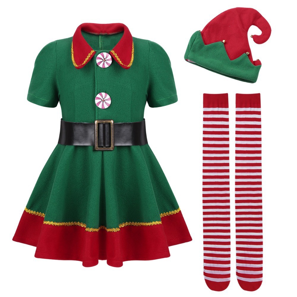 Family Matching Mother Dad Green Elf Christmas Costume Festival Santa Boys Suit New Year Kids Clothes for Girls Christmas Party Dress