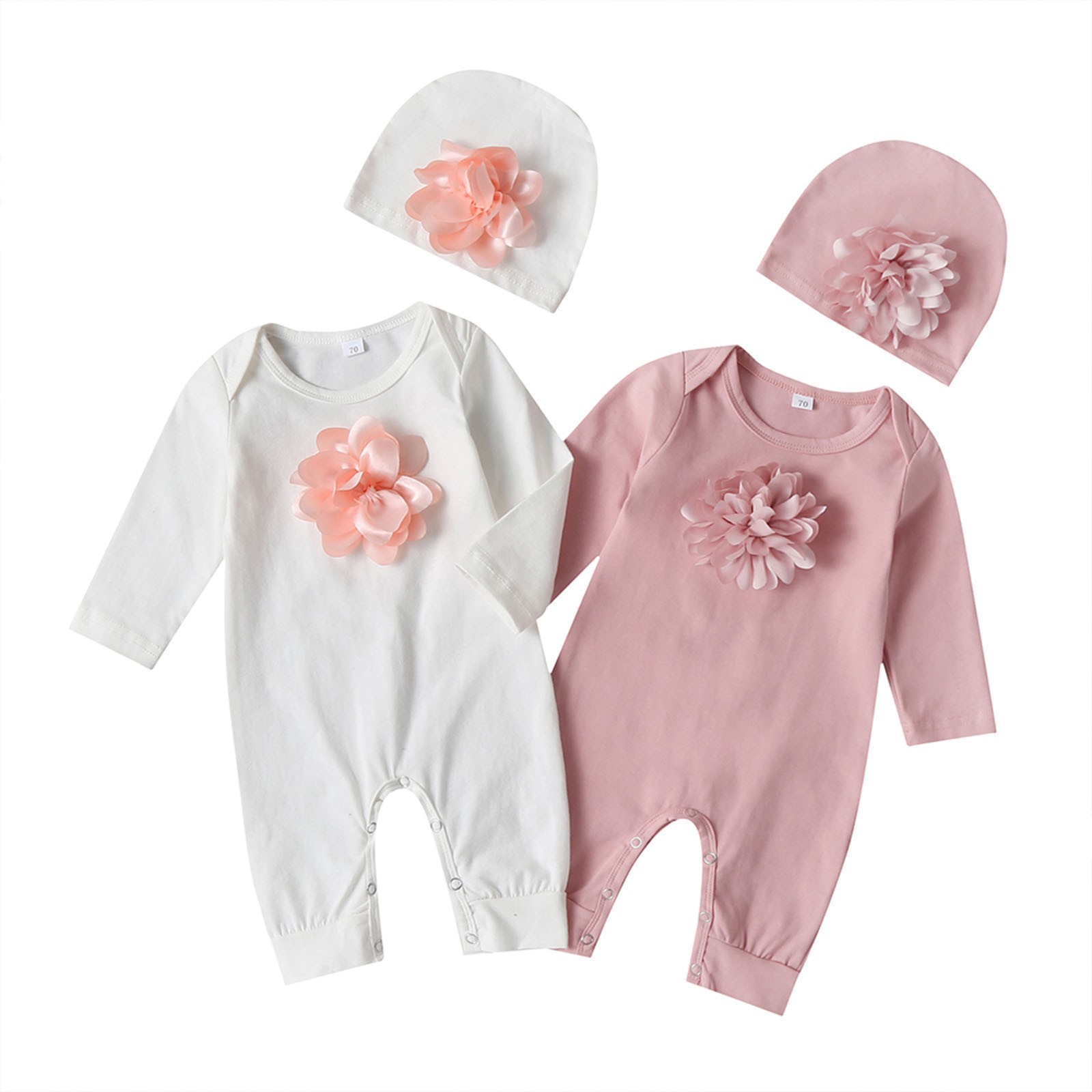 Newborn Baby Long Sleeve Romper 3D Floral Baby Onesie Jumpsuit Newborn Baby Clothes Set Hat Clothes Set