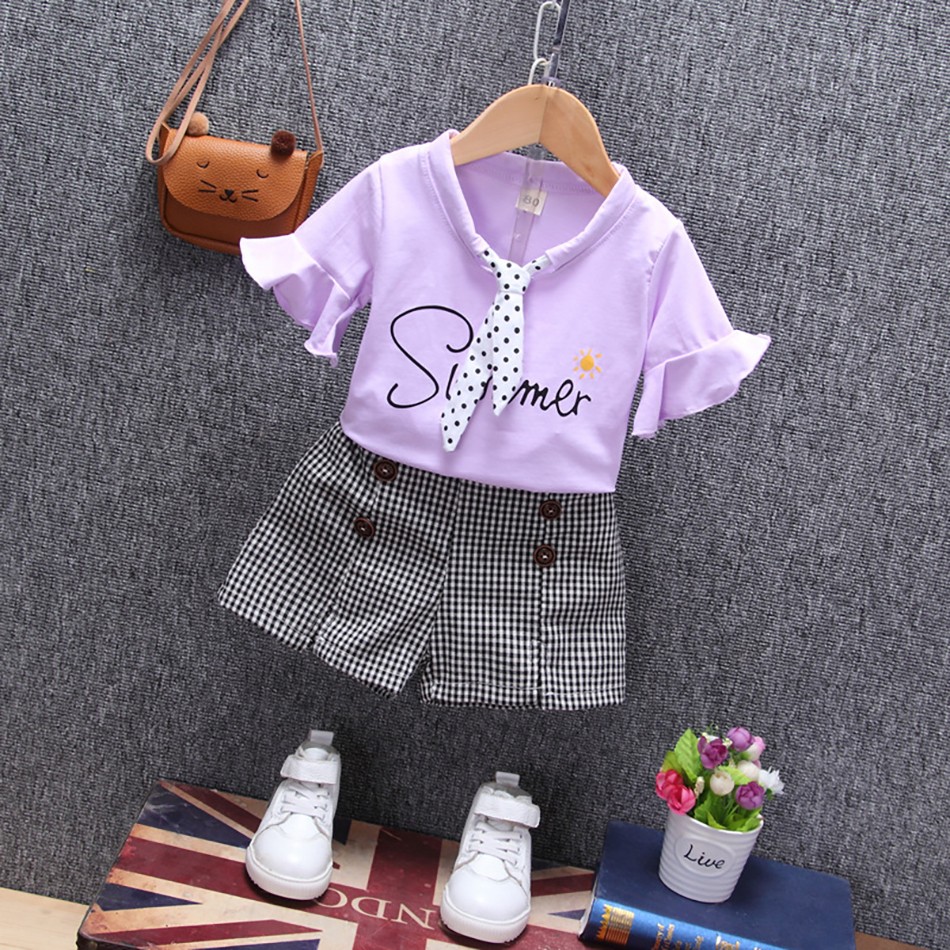 Girl Summer Clothes Set Letter Printed Petal Sleeve T-shirt + Check Short Pants 2 Pieces Suit With Point Necktie For Kids 12M-4Y JYF