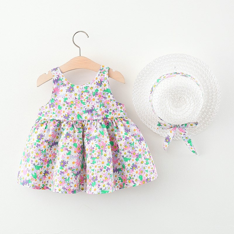 Summer Princess Toddler Girl Dress Floral Printed Newborn Infant Dresses Birthday Party Dress Hat Baby Girl Clothes