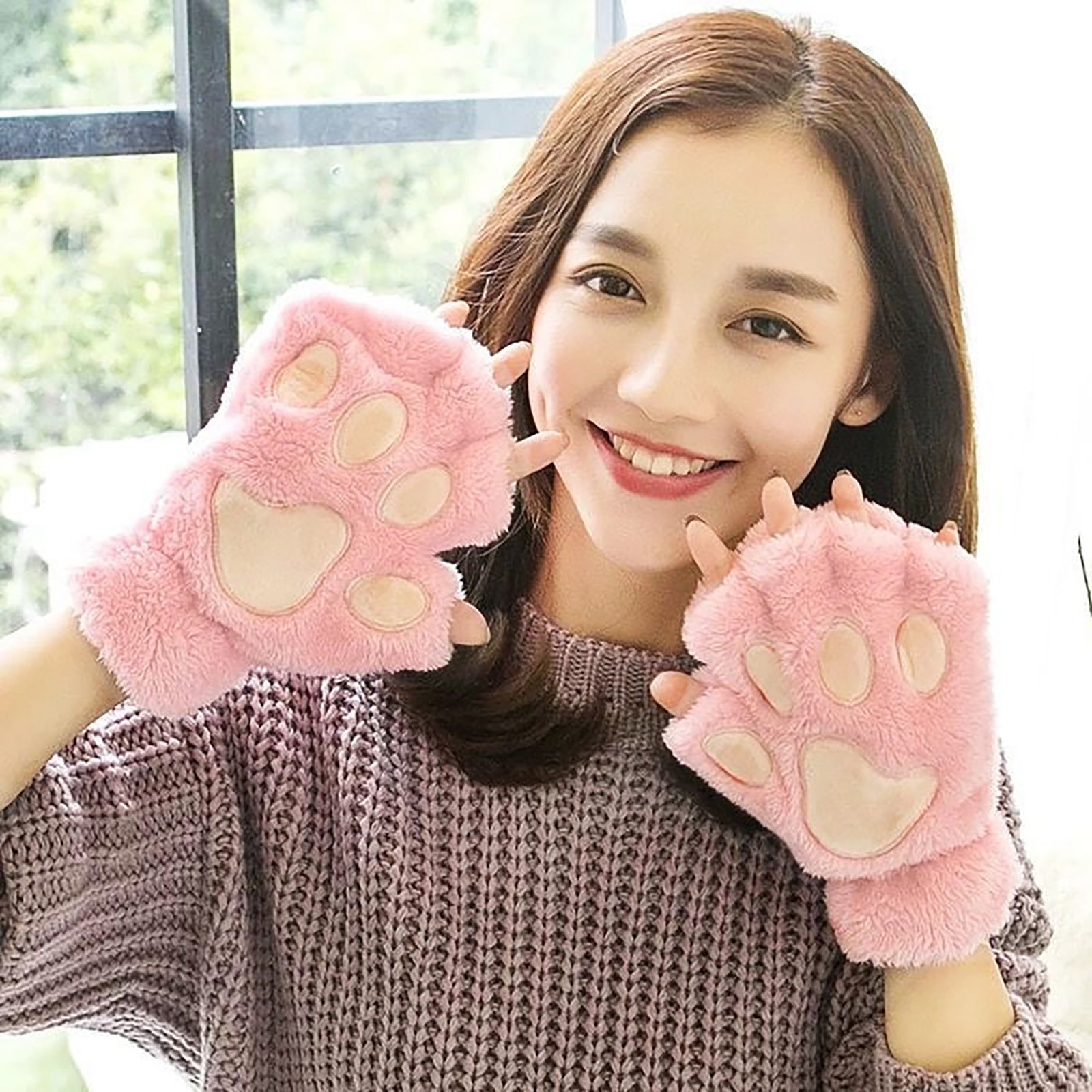 Cute Cat Paw Plush Fingerless Gloves Winter Warm Faux Fur Gloves Half Finger Gloves Lovely Bear Paw Gloves For Women Girls