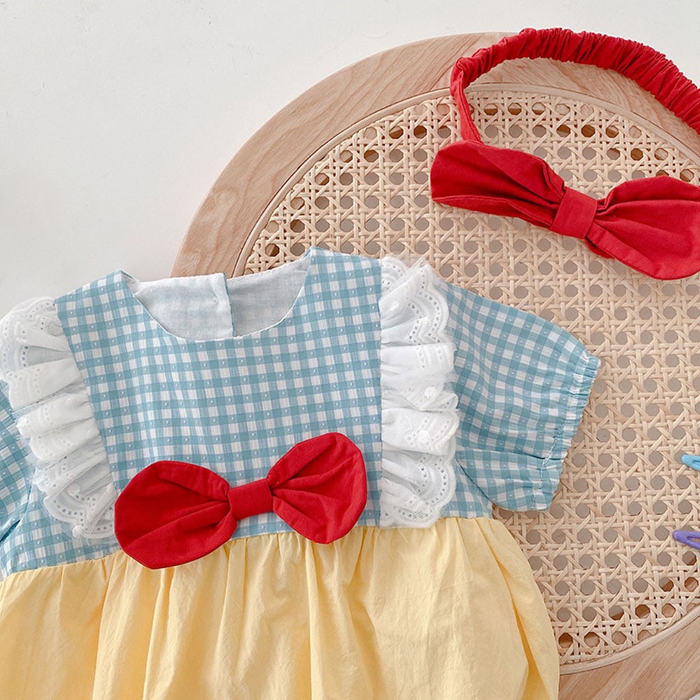 New arrival summer baby girl bodysuit cotton plaid patchwork bow newborn rompers princess birthday infant cloth with headband