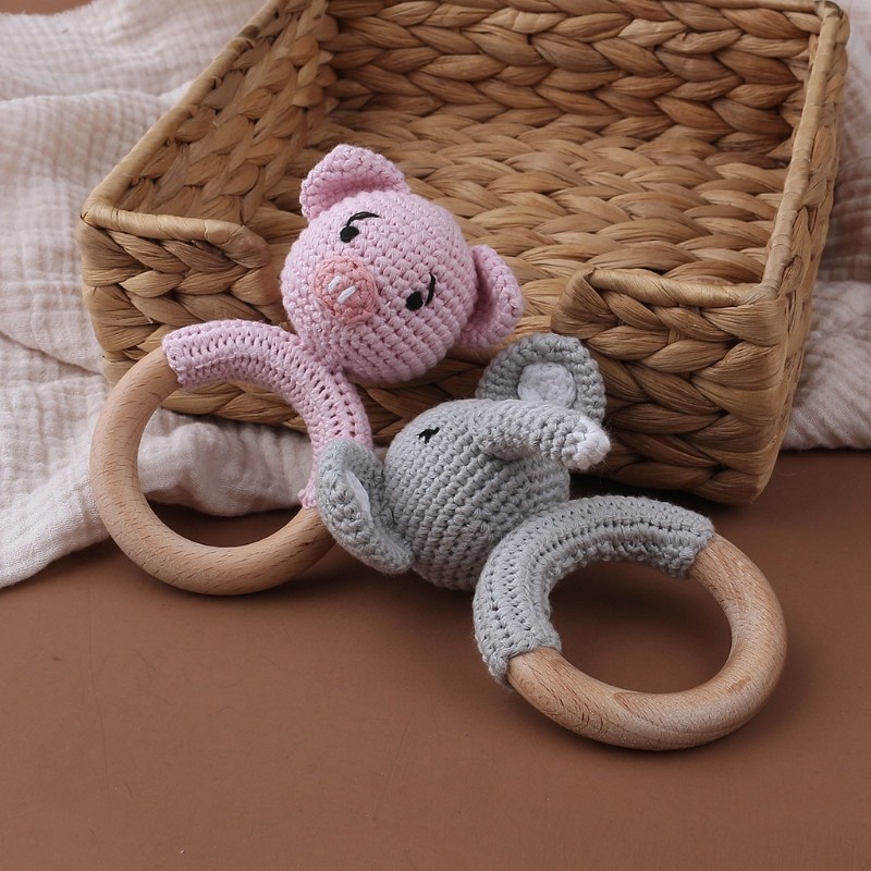 Baby Beech Wooden Teether Mobile Stroller Crib Ring DIY Crochet Rattle Bracelet Soother Infant Teething Chew Molar Toys