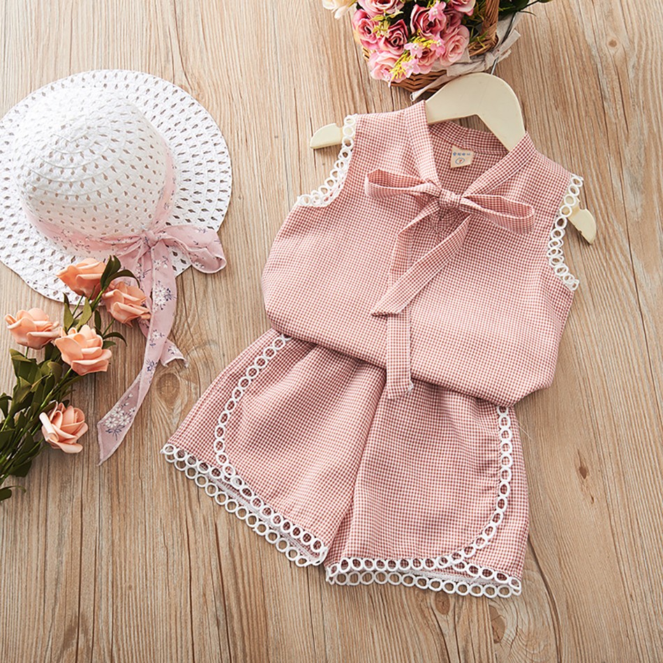 Kids Girl Plaid 2 Pieces Clothing Sets 2022 New Summer Fashion Lattice Bowknot Suits White Sealing Children Clothes Outfit