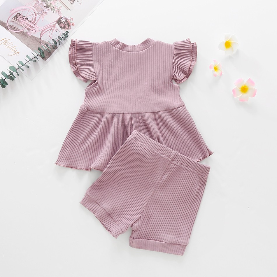 Muababi 1-5Years Children Girls Clothing Sets Summer Kids Girls Ruffles Sleeve Cotton Stripe T-shirt Tops+Shorts Casual Clothes