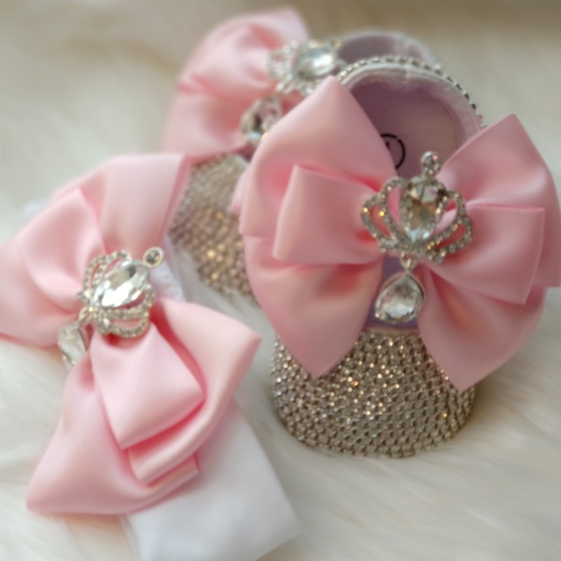 Dollbling Baroque Pink Rhinestones Baby Girl Shoes First Walker Headband Set Sparkle Crystals Princess Baby Shower Shoes SH3