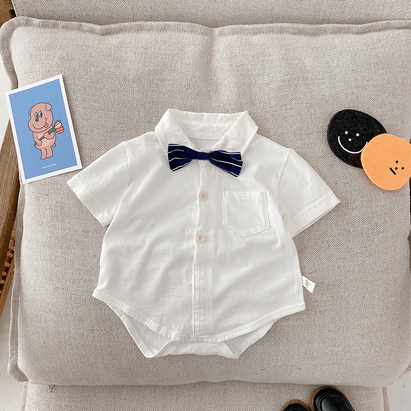 Summer 2022 Infant Boys Short Sleeve Bowtie Lapel Collar Gentleman Birthday Party Baby Bodysuits Rompers Toddler Outfits