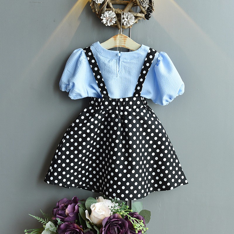 Summer 2022 Girl Suspender Set New Fashion Short Sleeve Polka Dot Girls Clothes College Elegant Set Kids Clothes