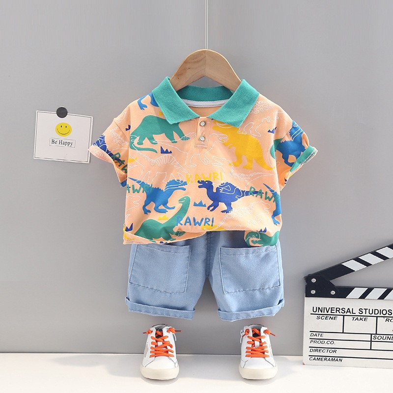 Baby Boy Kids Clothes Fashion Summer Lapel Cartoon Cute Short Sleeve Sports Shorts 2 Pieces Set 1 2 3 4 5 Years