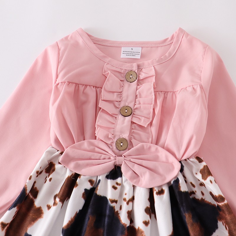 Girlymax Fall/Winter Baby Girls Children Clothing Pink Cow Print Denim Dress Milk Silk Boutique Long Sleeve Knee Length