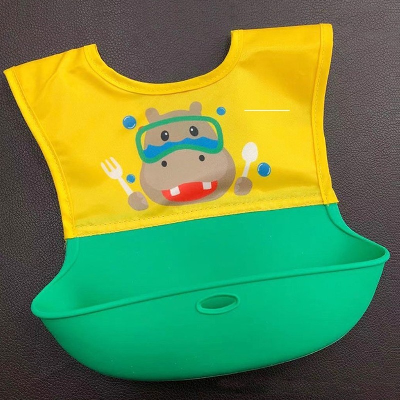 67JC Baby Cartoon Waterproof Bib Silicone Newborn Feeding Food Catcher Apron Pocket