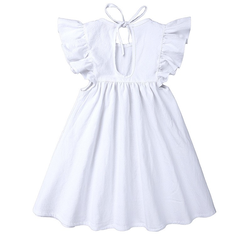 Solid White Girls Dress Ruffle Sleeve Kids Summer Clothes Baby Girls Linen Cotton Dresses A-line Casual O-neck Dress