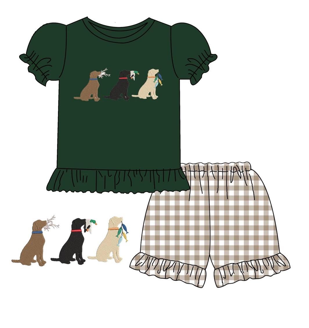 Baby Boys Clothing Sets Cute Dark Green Three Dog T-shirt + Coffee Lattice Casual Sports Shorts 1-8T Kids Outfits For Summer