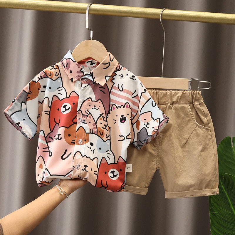 Summer Boy Sets Fashion Cartoon Graffiti Printing Unisex T-shirts and Pants 2pcs Children's Clothing Boys Casual Clothes Suits