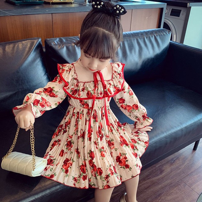 Autumn New Fashion Baby Girls Dresses Long Sleeve Chiffon Floral Princess Cute Dress Family Vacation Beach Kids Clothes 1-6 Years