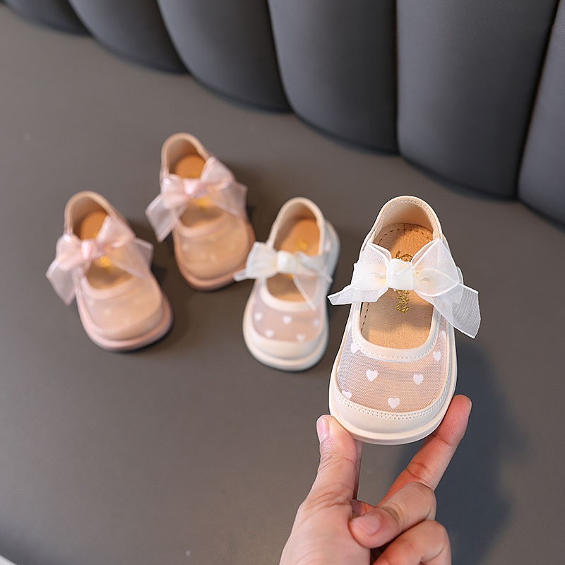 Spring Summer Girls Leather Shoes Cute Bow Fashion Breathable Mesh Baby Girl Shoes First Walkers Pink White