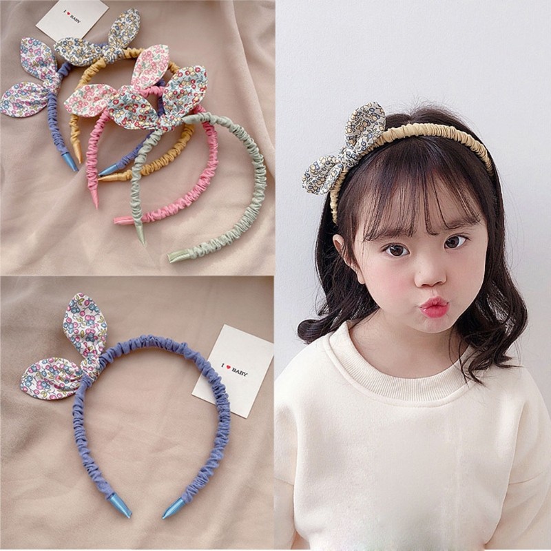 1PC Cute Kids Lovely Cloth Floral Printed Hair Hoop Small Fresh Style Fashion Baby Girls Rabbit Ears Bowknot Headband