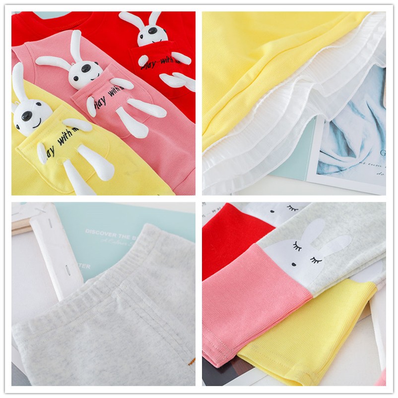 Baby Girls Clothing Sets Kids Casual Clothes Lace Cartoon Rabbit T Shirt Pants Toddler Infant Children Vacation Costume