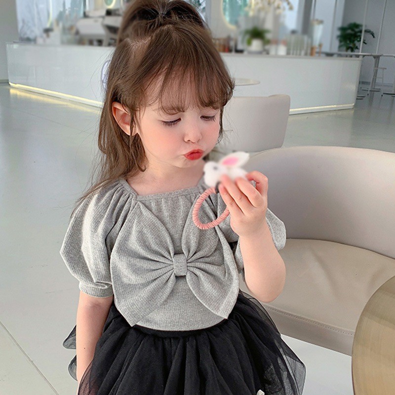 Summer girls cute casual T-shirt baby sweet bubble sleeve princess clothes big bow short sleeve top